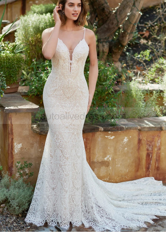 Ivory Allover Lace Open Back Graceful Wedding Dress